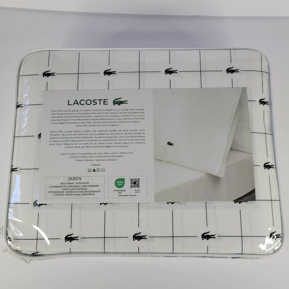 Lacoste White Black Grid 4pc QUEEN Sheets Set 100% Cotton Crocodile Anthracite - Picture 2 of 11